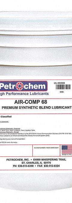 PETROCHEM Compressor Oil: 5 gal, Pail, 20 SAE Grade, 68 ISO Viscosity Grade, 99 Viscosity Index (MPN AIR-COMP 68-005). Key specifications — attr59744: 99; attr59746: 68; attr59736: No; attr59735: Pail; attr59738: Air-Comp Series; attr59749: 20.