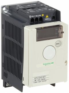 SCHNEIDER Variable Frequency Drive: In Phase Single, Out Phase Three, 1/4 hp, IP20, No Bypass, Black (MPN ATV12H018F1). Key specifications — Style: Base Plate; Color: Black/Blue/Gray; Output Voltage: 200-240V AC; Output Phase: Three.