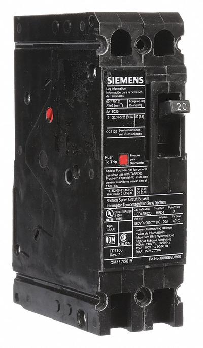 Siemens Molded Case Circuit Breaker: 20 A Amps, 42kA at 480V AC, Fixed, Load Side Lug - ED-Frame Siemens Molded Case Circuit Breakers