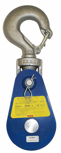 YOKE Pulley Block: Swivel, Pulling, 4,000 lb Working Load Limit, 3/8 in_5/16 in Compatible Rope Dia (MPN 6Y-2T3). Key specifications — attr994542: Snatch Pulley Block; attr994528: YOKE; attr994530: Wire Rope; attr994543: Swivel; attr994552: Swivel Hook; attr994538: Pulling; attr994527: Sleeve; attr994547: Steel.