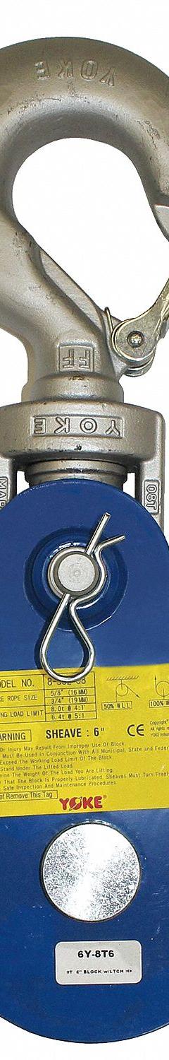 YOKE Pulley Block: Swivel, Pulling, 4,000 lb Working Load Limit, 3/8 in_5/16 in Compatible Rope Dia (MPN 6Y-2T3). Key specifications — attr994542: Snatch Pulley Block; attr994528: YOKE; attr994530: Wire Rope; attr994543: Swivel; attr994552: Swivel Hook; attr994538: Pulling; attr994527: Sleeve; attr994547: Steel.