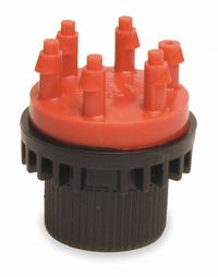 RAIN BIRD Six Outlet Emitter: Drip Emitter, 1/4 in Distribution Tubing (XQ), Plastic, Red (MPN MANIF2-1PK). Key specifications — Brand: RAIN BIRD; Color: Red; Compatible Product Type: 1/4 in Distribution Tubing (XQ); Material: Plastic; Product Type: Drip Emitter.