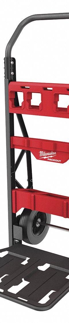 MILWAUKEE PACKOUT Hand Truck: Black/Red, 20 in W x 48 in H x 12 in D, 400 lb Load Capacity - Max (MPN 48-22-8415). Key specifications — attr1117293: MILWAUKEE; attr1117309: Compatible with PACKOUT™ Components; attr1117332: Rigid; attr1117383: Red.