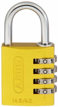 ABUS Combination Padlock: Scrolling Combo, Yellow, Aluminum, Std Shackle, Steel Shackle (MPN 145/40 Yellow). Key specifications — Dial Color: Silver; Brand: ABUS.