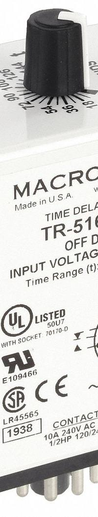 MACROMATIC Single Function Time Delay Relay: Socket Mounted, 120V AC/DC, 10 A, 11 Pins/Terminals (MPN TR-51622-10). Key specifications — Brand: MACROMATIC.