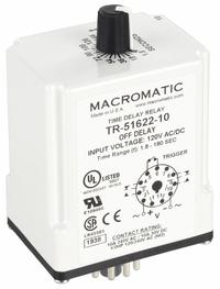 MACROMATIC Single Function Time Delay Relay: Socket Mounted, 120V AC/DC, 10 A, 11 Pins/Terminals (MPN TR-51622-10). Key specifications — Brand: MACROMATIC.