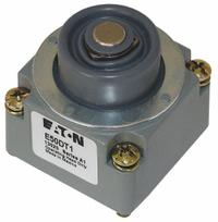 EATON Limit Switch Head: Plunger, Top, E50 Series (MPN E50DT1). Key specifications — Compatible with Series: E50; Actuator Location: Top; Brand: EATON; Action: Momentary; Arm/Operator Material: Non-Metallic.