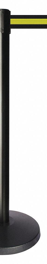 QUEUEWAY Barrier Post with Belt: Yellow, Horizontal Stripe, No Legend, 10 ft Belt Lg, Black (MPN QPLUS-33-S4). Key specifications — Base Material: ABS; Belt Color: Yellow; Brand: QUEUEWAY; Post Material: Metal Alloy; Post Color: Black; Message: No Legend.