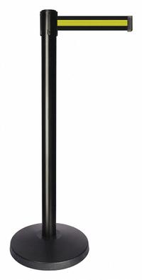 QUEUEWAY Barrier Post with Belt: Yellow, Horizontal Stripe, No Legend, 10 ft Belt Lg, Black (MPN QPLUS-33-S4). Key specifications — Base Material: ABS; Belt Color: Yellow; Brand: QUEUEWAY; Post Material: Metal Alloy; Post Color: Black; Message: No Legend.