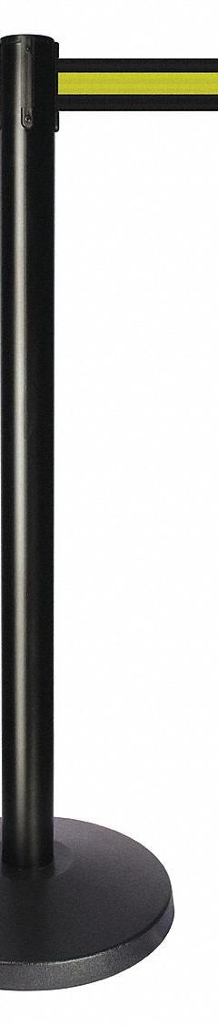 QUEUEWAY Barrier Post with Belt: Yellow, Horizontal Stripe, No Legend, 10 ft Belt Lg, Black (MPN QPLUS-33-S4). Key specifications — Base Material: ABS; Belt Color: Yellow; Brand: QUEUEWAY; Post Material: Metal Alloy; Post Color: Black; Message: No Legend.