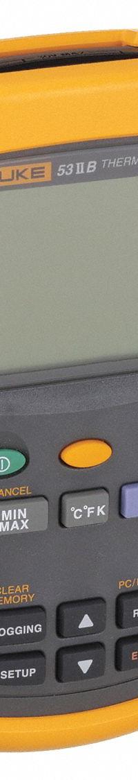 FLUKE Thermocouple Thermometer: -418°F to 1999°F, ±0.05%+ 0.3°C Accuracy, 2 Channels, USB (MPN FLUKE-53-2 B). Key specifications — Testing Functions: Differential Temperature; Accuracy: ±0.05 % + 0.3 °C; Brand: FLUKE.