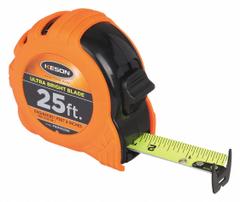 KESON Tape Measure: Nonmagnetic Double Hook Tip, 25 ft, Plastic with Rubberized Grip, Black (MPN PG181025UB). Key specifications — attr935324: KESON; attr942259: Black; attr935326: Vertical Read; attr935328: 1/16 in; attr935329: Feet; attr935337: SAE/Engineers Scale; attr936607: Manual Lock; attr972446: Inch/Engineer's Scale.