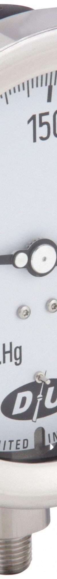 DURO Industrial Compound Gauge: 0 psi to 300 psi, White, 4 1/2 in Dial, 1/4 in NPT Male, Bottom, 4 (MPN 4.2072713E7). Key specifications — Brand: DURO; Pointer Color: Black; Accuracy: ±0.5%; Dial Color: White; Gauge Wetted Parts: Stainless Steel; Case Material: Stainless Steel; Vibration Resistance Properties: None; Pressure Range: 0 psi to 300 psi.