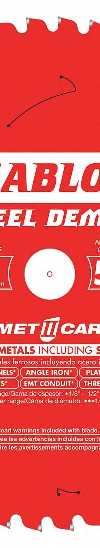 DIABLO Circular Saw Blade: 10 in Blade Dia., 50 Teeth, 0.08 in Cut Wd, 1 in Arbor Size, Solid Stock (MPN D1050CF). Key specifications — attr1116119: DIABLO; attr1145631: Ferrous Metals.