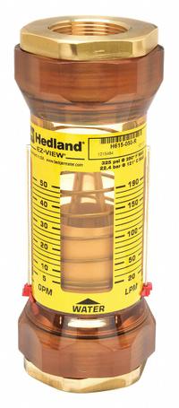 HEDLAND Mechanical Flowmeter: Flow Meter, Scale, Variable Area, Inline, Universal, Gallons/Liters (MPN H615-050-R). Key specifications — Display Type: Scale; O-Ring Material: Buna-N; Includes Flow Rate Adjustment Knob: No; Includes Pressure Guage: No; Mounting Orientation: Universal; Unit Of Measure: Gallons; Brand: HEDLAND; Accuracy: +/-5%.