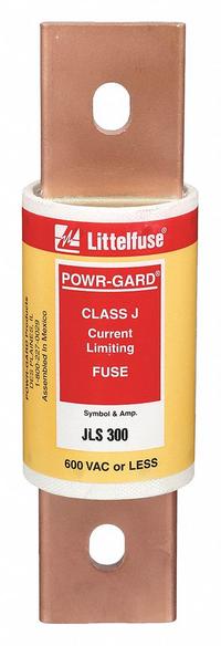 LITTELFUSE Fuse: JLS Series, Class J, Bolt-On Body, Fast-Acting, 300 A, 600 V AC, Non-Indicating (MPN JLS300). Key specifications — Series: JLS; Brand: LITTELFUSE.