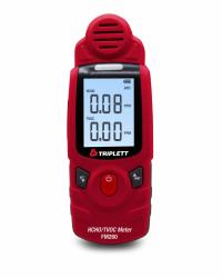 TRIPLETT Formaldehyde Tester: Built in Sensors/Selectable Units of Measure, Digital Display/Sound (MPN FM260). Key specifications — Manufacturer Part Number: FM260; Brand: TRIPLETT; Calibration Certificate Type: Not Certified; Digital Display Screen Type: LCD with Backlight; Features: Fuel Cell Formaldehyde Sensor; Includes: Power Adapter; Power Source: Battery; Alert Type: Sound.