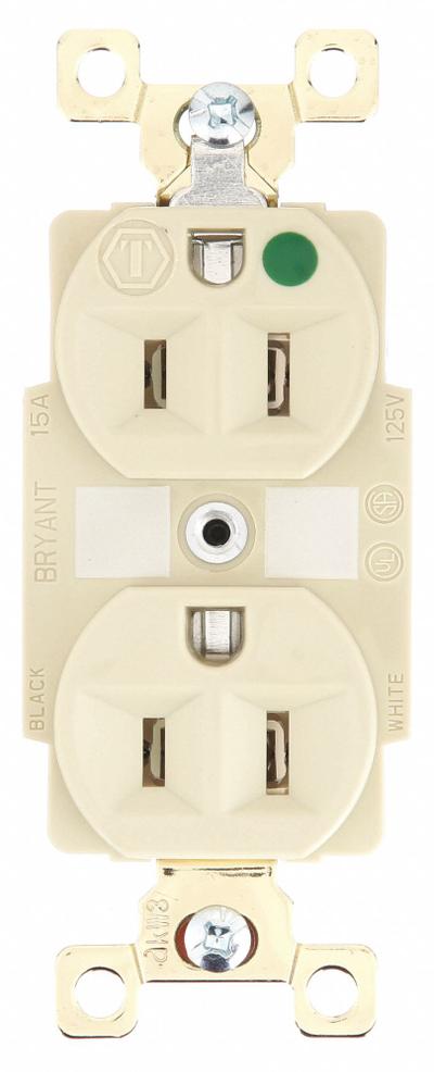 BRYANT Receptacle: Hospital Grade Fed. Spec., Duplex, 5-15R, Ivory, 125V AC, 15 A - General Purpose Receptacles