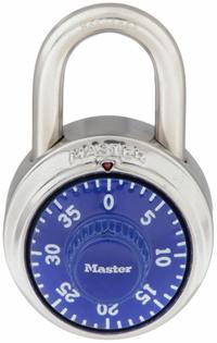 MASTER LOCK Combination Padlock: Dial Combo, Silver, Stainless Steel, Std Shackle, Steel Shackle (MPN 1502BLU). Key specifications — Dial Color: Blue; Brand: MASTER LOCK.