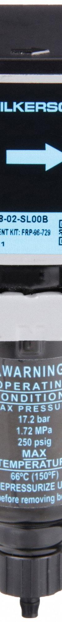 WILKERSON Compressed Air Filter: Particulate, 1/4 in NPT, 5 micron, 42 cfm, 250 psi Max Op Pressure (MPN F08-02-SL00B). Key specifications — attr110055: F08; attr110008: WILKERSON.