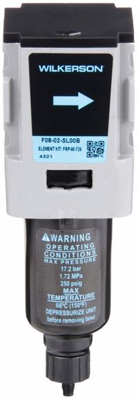 WILKERSON Compressed Air Filter: Particulate, 1/4 in NPT, 5 micron, 42 cfm, 250 psi Max Op Pressure (MPN F08-02-SL00B). Key specifications — attr110055: F08; attr110008: WILKERSON.