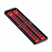 ERNST MANUFACTURING Twist-Lock Socket Organizer Tray: Red, 3 5/8 in Overall Wd, 30 Posts/Slots (MPN 8492). Key specifications — attr1125333: I.D. Stickers; attr1125348: Plastic; attr1125346: ERNST MANUFACTURING; attr1125347: Red; attr1136588: Sockets; attr1125364: Socket Rail.