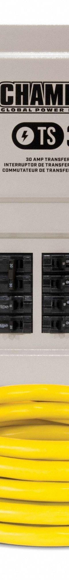CHAMPION Transfer Switch: Single Phase, 240V AC, 30 A Current Rating, 8 Spaces, Prewired, 1/3R (MPN 201192). Key specifications — Includes: 25-Foot Heavy-Duty Generator Power Cord; Brand: CHAMPION POWER EQUIPMENT; Prewired: Yes; Rated Voltage: 240V AC.