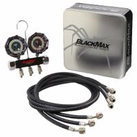 BLACKMAX Manifold Gauge Set: 2 Valves, 3 Hoses, 3 1/8 in Gauge, For R-134A/R-22/R-404A/R-410A (MPN MBH4P5Z). Key specifications — Hose Connection Type: SAE; Product Type: Manifold Gauge Set; For Refrigerant Type: R-134A; Brand: BLACKMAX; Includes: Carrying Case; Gauge Boots: Yes; Sight Glass: No.