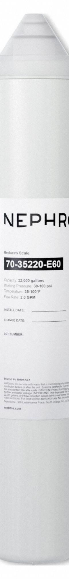 NEPHROS Quick-Connect Water Filter: 2 gpm, 17 in Overall Ht, 3 in Overall Dia, Scale Reduces (MPN 70-35220-E60). Key specifications — Product Type: Quick-Connect Water Filter; Filter Media: Treated Polymer Beads; Brand: NEPHROS; Reduces: Scale.