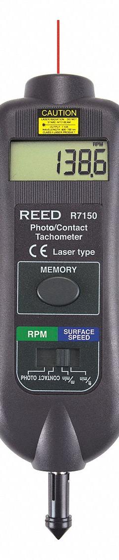 REED INSTRUMENTS Combination Tachometer: +/-0.05% of Reading +1 Digit RPM Accuracy, 0.1 RPM, LCD (MPN R7150). Key specifications — Includes: Carrying Case; Brand: REED INSTRUMENTS; Digital Display Screen Type: LCD; RPM Accuracy: +/-0.05% of Reading +1 Digit; RPM Resolution: 0.1 RPM; Calibration Certificate: Not Included.