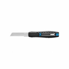 MARTOR Utility Knife: 6 1/2 in Overall Lg, Textured, 3/4 in Overall Wd, Black/Blue, Button (MPN 383005.02). Key specifications — attr307884: Button; attr307885: Steel Serrated; attr307882: Black; attr307878: Textured; attr307881: Glass Fiber Reinforced Plastic; attr324892: MARTOR.