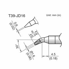 HAKKO Soldering Tip: T39 Series, Bent Chisel, 1.6 mm W, 10.5 mm Lg (MPN T39-JD16). Key specifications — Brand: HAKKO; Compatible Handpiece Manufacturer Model Number: FX-9702; Manufacturer Part Number: T39-JD16.