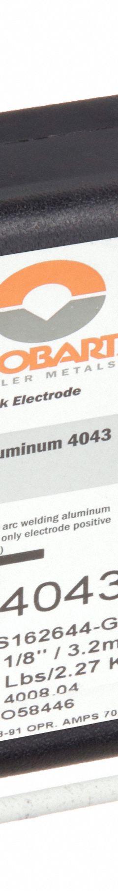 HOBART Stick Electrode: Aluminum, E4043, 1/8 in x 14 in, 5 lb (MPN 6ETK2). Key specifications — Brand: HOBART; Tensile Strength (As Welded): 14 ksi; Yield Strength (As Welded): 20 ksi.