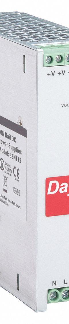 DAYTON DC Power Supply: DIN Rail, 120 W Output Power - Rated, 5 A Current - Output, Single Phase (MPN 33NT12). Key specifications — attr1044898: Single; attr1044874: Metal; attr1044879: 90 to 264V AC; attr211400: DAYTON.