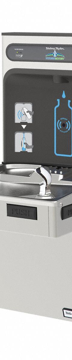 HALSEY TAYLOR Drinking Fountain with Bottle Filler: On-Wall, 8 gph @ 50°F, Stainless Steel, Silver (MPN HTHB-HAC8SS-WF). Key specifications — Brand: HALSEY TAYLOR; Housing Material: Stainless Steel; Filter Access: Bottom Panel Access; Housing Finish: Plain; Chilling Capacity: 8 gph @ 50°F; Housing Color: Silver.