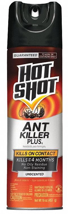 HOT SHOT Ant Killer: For Use On Crawling Insects, Aerosol Spray Can, 16 oz Container Size (MPN HG-4480). Key specifications — Brand: HOT SHOT; Container Type: Aerosol Spray Can; DEET Concentration: DEET-Free; Form: Aerosol Spray; Indoor/Outdoor Use: Indoor/Outdoor; Insect Group: Crawling; Targeted Insects: Ants.