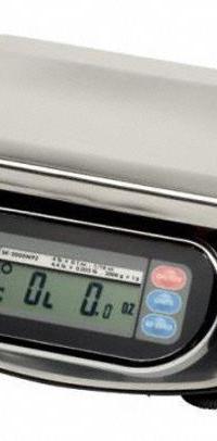 A&D WEIGHING Food Scale: 7 1/2 in Weighing Surface Dp, 9 1/8 in Weighing Surface Wd, LCD, SK-1000WPF. Key specifications — Readability: 0.001 lb/0.5 g; Brand: A&D WEIGHING; IP Rating: IP65.