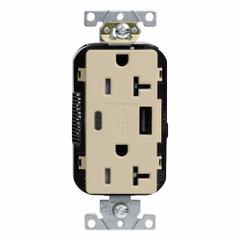 USB Receptacle: Decorator Duplex, 5-20R, USB Type A/C, Ivory, 125V AC, 20 A (MPN M58AC-I). Key specifications — Brand: LEVITON.