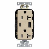 USB Receptacle: Decorator Duplex, 5-20R, USB Type A/C, Ivory, 125V AC, 20 A (MPN M58AC-I). Key specifications — Brand: LEVITON.