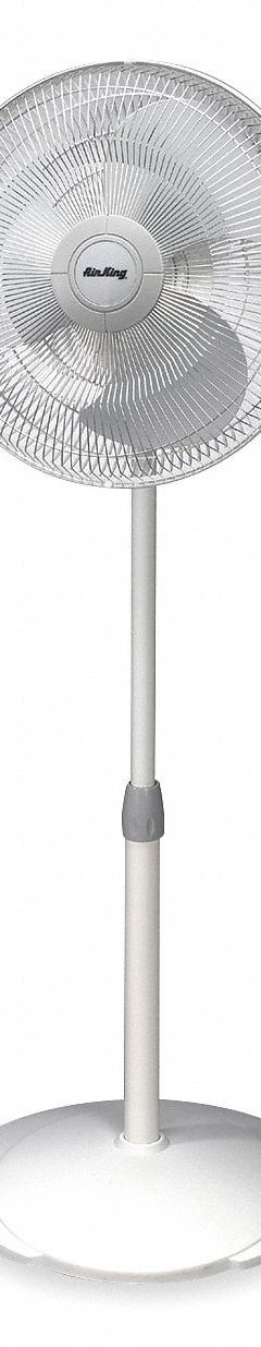AIR KING Freestanding Fan: 16 in Blade Dia, 53 1/4 in Ht, 3 Speeds, Oscillating, White, Steel (MPN 9126). Key specifications — Brand: AIR KING; Number of Speeds: 3; Guard Material: Steel; Voltage: 120V AC; Oscillation: Oscillating; Includes Remote Control: No; Application: Home and Office; Power Source: Plug-In.