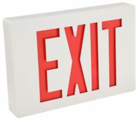 Exit Sign: Emergency Battery Backup, LED, White, Red, 1 Faces, Ceiling, Nickel Cadmium, 120/277 V AC (MPN LE S W 1 R EL N). Key specifications — Voltage: 120/277 V AC; Directional Indicators: Universal Field Selectable Chevrons; Text Color: Red; Brand: LITHONIA LIGHTING; Emergency Battery Backup: Yes; Housing Color: White; Lighting Technology: LED; Self Diagnostics: No.