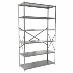 HALLOWELL Metal Shelving: Standalone, Medium-Duty, 48 in x 18 in, 84 in Overall Ht, 6 Shelves (MPN F5711-18HG). Key specifications — Frame Material: Steel; Shelving Material: Steel; Assembled: Unassembled; Color: Gray; Brand: HALLOWELL.