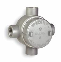 Conduit Outlet Body: Aluminum, GE, 1 in Trade Size, X Body, 19 cu in Body Capacity (MPN GECXT-3). Key specifications — Series: For Standard Body; Compatible Conduit Trade Size: 1 in; Thread Gender: Female; Hub Style: Threaded; Cover Included: Yes; Body Style: X; Connection Type: Threaded; Back Type: Flat.