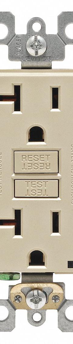 LEVITON GFI Receptacle: Decorator Duplex, 5-20, Ivory, GFCI, 125V AC, 20 A, 2 Pole / 3 Wire (MPN GFNT2-I)
