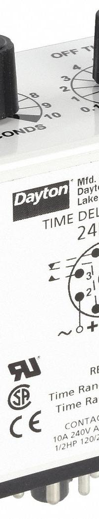 DAYTON Single Function Time Delay Relay: Socket Mounted, 240V AC, 10 A, 8 Pins/Terminals (MPN 24EP39). Key specifications — Brand: DAYTON.