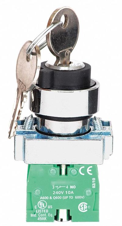 Dayton Selector Switch: 3 Position, 22 mm Panel Mounting Size - Panel-Mounted Key Switches with Contacts