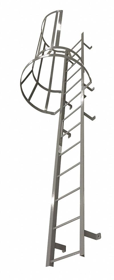 COTTERMAN Fixed Ladder with Safety Cage: 16 ft Overall Ht, 26 in Overall Wd, Steel - Safety Cage Fixed Ladders