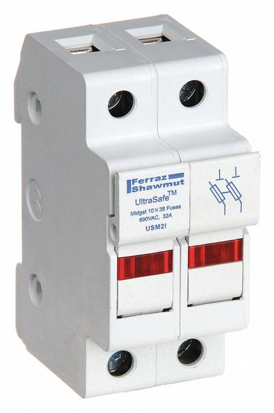 MERSEN Fuse Block: Finger-Safe, 2 Pole, 600 V AC, DIN Rail Mounting - Midget Fuse Blocks