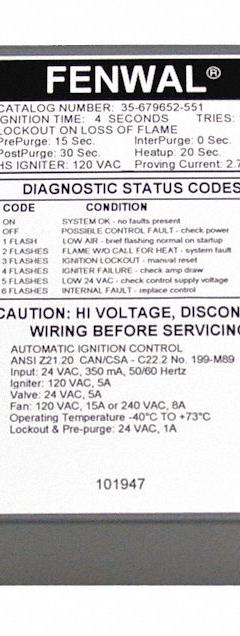 FENWAL IGNITION CONTROLS Control Board: Mfr Part # 35-679652-551. Key specifications — Manufacturer Part Number: 35-679652-551; Product Type: Ignition Control Board.