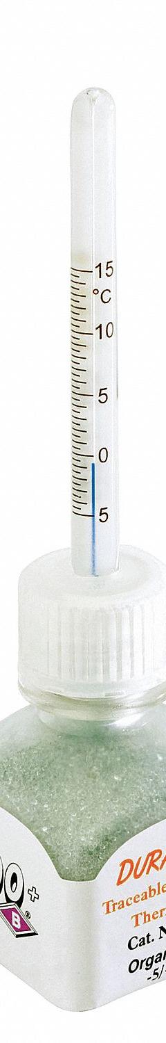 DURAC PLUS Bottle Thermometer: 50°C to 200°C, +/-2.5°C/+/-5°C Above 100°C, 30 mL Bottle Volume (MPN B60600-1300). Key specifications — Bottle Fill Medium: Glass Beads; Temperature Units: Celsius; Accuracy: +/-2.5°C; Brand: DURAC PLUS.